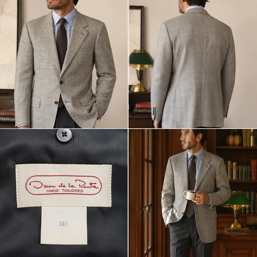 VTG Oscar de la Renta Hand Tailored Sport Coat Blazer 38R Houndstooth Check Wool